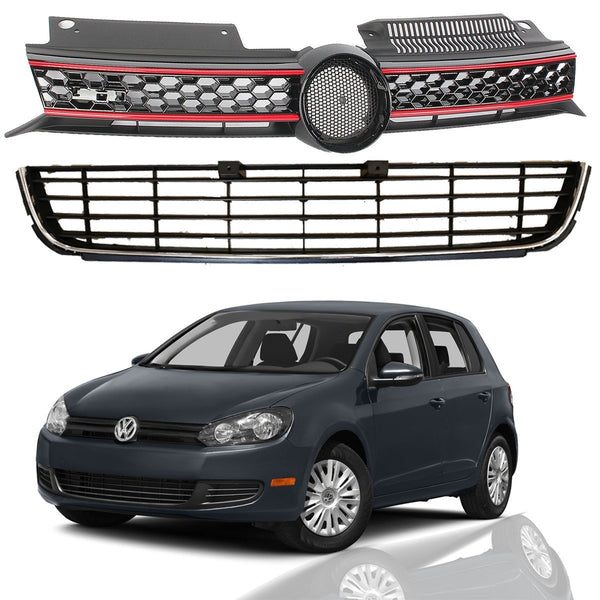 For 2010 2014 Volkswagen Golf Front Upper & Lower Grille Red Trim GTI Style 2pcs - AutoModed