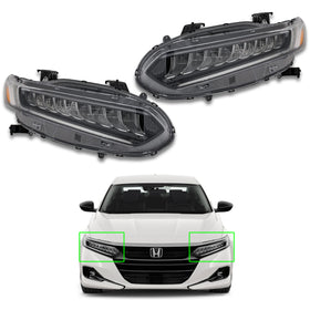 For 2018 2019 2020 2021 2022 Honda Accord Full LED Headlight Headlamp Chrome Assembly Left Right Driver Passenger Side LH RH Pair Set 2Pcs 33150TVAA11 33100TVAA11 by AutoModed