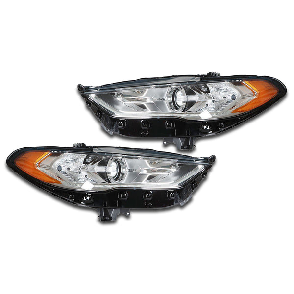 For 2017 2018 2019 2020 Ford Fusion LED DRL Halogen Headlight Headlamp Chrome Assembly Left Right Driver Passenger Side LH RH Set Pair 2Pcs FO2502350 FO2503350 by AutoModed