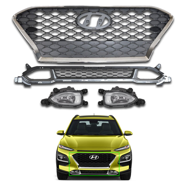 For 2018 2019 2020 2021 Hyundai Kona Front Bumper Grilles & Fog lights Assembly w/Wiring Set 4Pcs HY1044115 HY2592169 HY2593169 HY1200219 by AutoModed