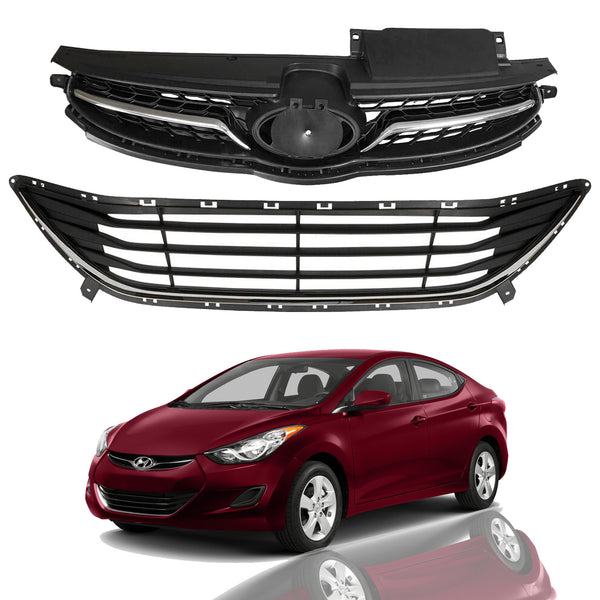 2011 2012 2013 Hyundai Elantra Sedan Front Upper Lower Bumper Grilles with Chrome Trim 2pc by AutoModed