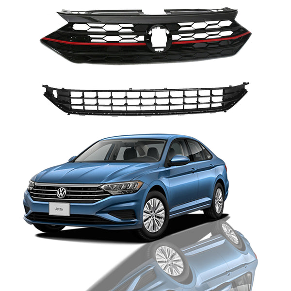 2019 2020 Volkswagen Jetta Front Upper Lower Bumper Grilles with Red Trim 2pcs by AutoModed