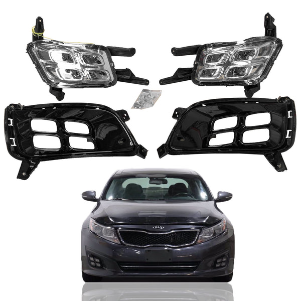 2014 2015 Kia Optima 4-Eyes Style LED Daytime Running Light Fog Lamp Assembly with Cover Bezels Set 4pc Left Right by AutoModed