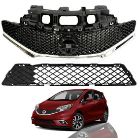 2015 2016 Nissan Versa Note SR Hatchback Front Upper Lower Bumper Mesh Grille with Chrome Trim 2pc by AutoModed