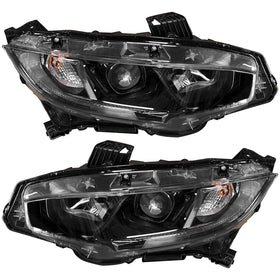 For 2016 2017 2018 2019 2020 2021 Honda Civic Black Headlight Headlamp Halogen LED Left Driver Right Passenger Side Set Pair 2Pcs by Automoded