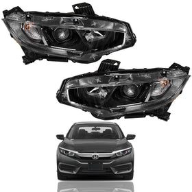 For 2016 2017 2018 2019 2020 2021 Honda Civic Black Headlight Headlamp Halogen LED Left Driver Right Passenger Side Set Pair 2Pcs by Automoded