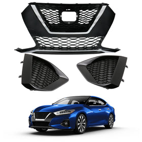 2019 2022 Nissan Maxima Front Upper Bumper Grille & Fog Light Bezels Set 3pcs by AutoModed