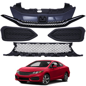 2014 2015 Honda Civic Coupe Front Upper Lower Grilles & Fog Light Bezels Set 4pcs by AutoModed