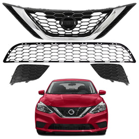 2016 2017 2018 2019 Nissan Sentra Front Upper Lower Grilles and Fog Bezels Covers Set by Automoded