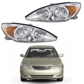 2002 2003 2004 Toyota Camry LE XLE Halogen Headlight Headlamp Assembly Chrome Housing Left Right Pair by Automoded